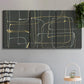 Three-panel canvas wall art featuring linear abstract conduit pattern, displayed in a modern living room above a sofa.