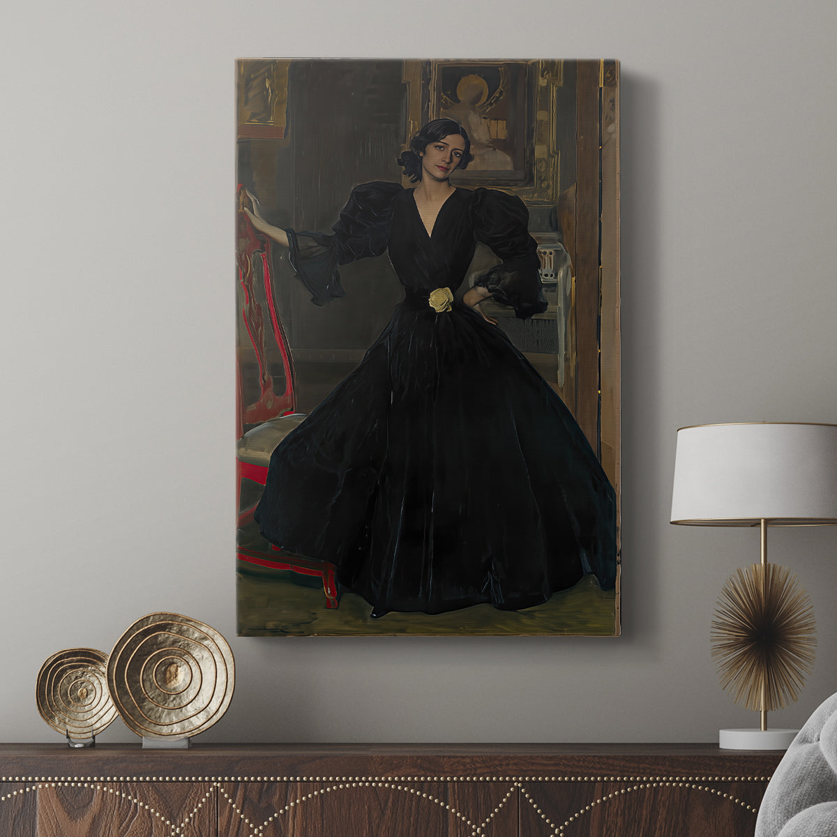 Canvas art print featuring a composed portrait with elegant simplicity displayed in a modern interior space.