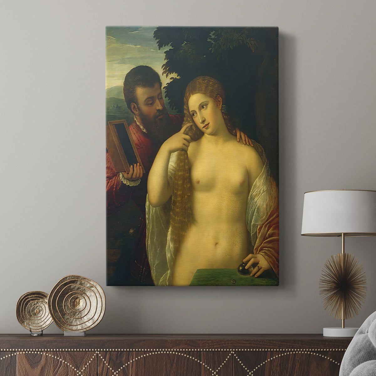 Canvas art print featuring a symbolic scene with warm color and soft shading displayed in a modern interior space.