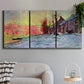 Three-panel canvas wall art featuring river view beneath cloudy sky, displayed in a modern living room above a sofa.