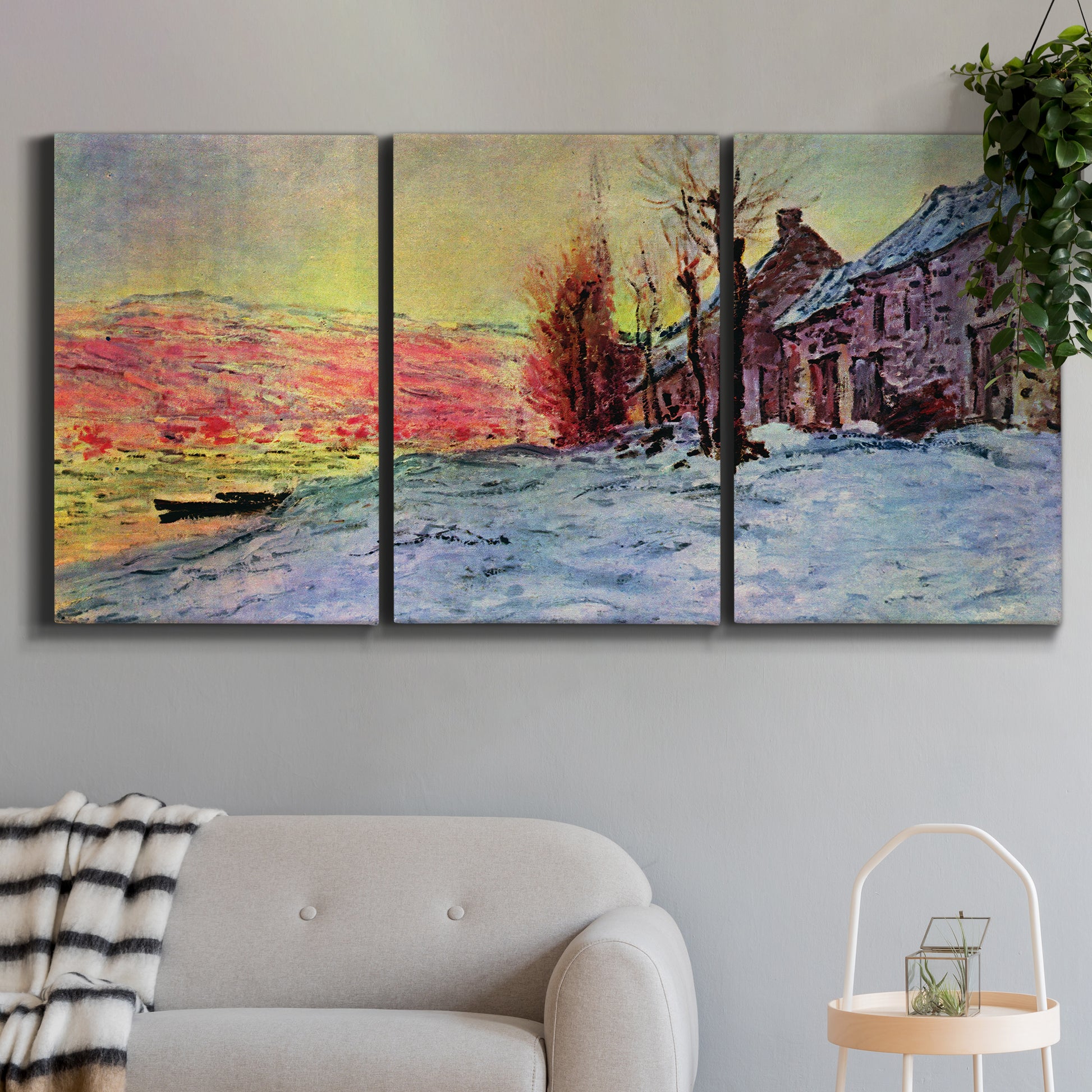 Three-panel canvas wall art featuring river view beneath cloudy sky, displayed in a modern living room above a sofa.