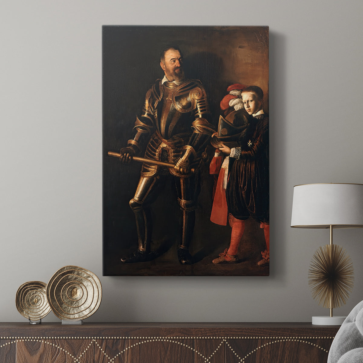 Canvas art print featuring a dignified figure with strong contrast and refined features displayed in a modern interior space.