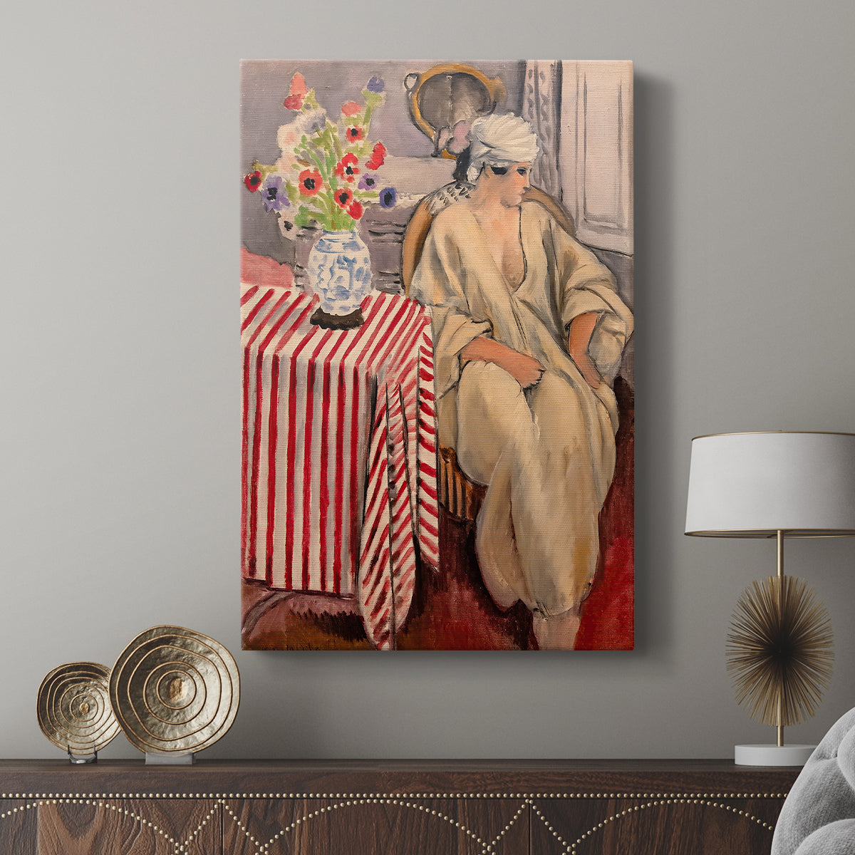 Canvas art print featuring a stylized composition with strong pattern and soft figure displayed in a modern interior space.