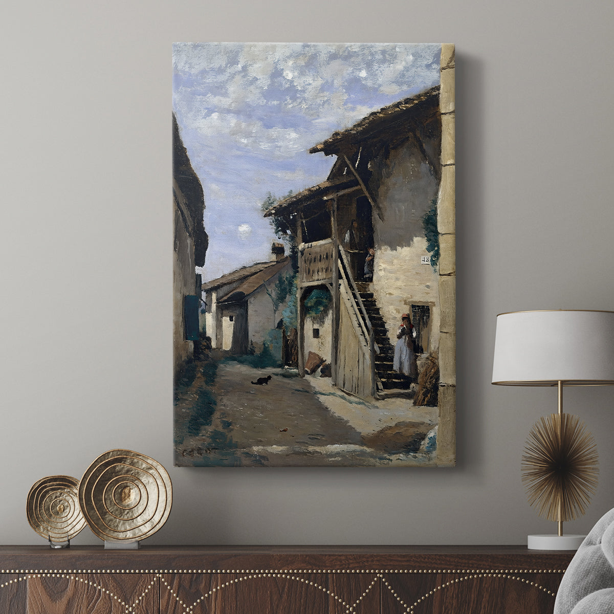 Canvas art print featuring a calm composition with narrow street and subtle detail displayed in a modern interior space.