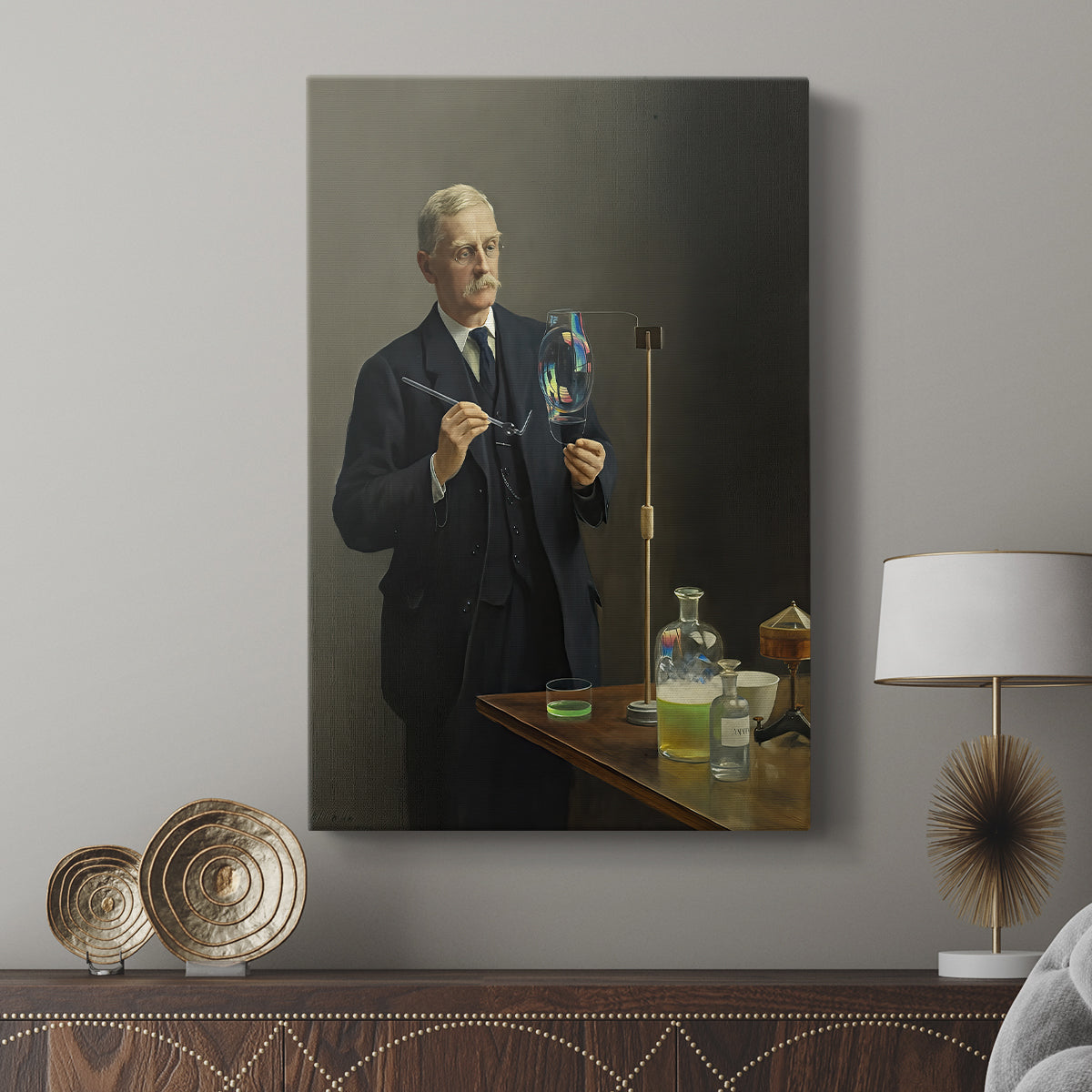 Canvas art print featuring a refined portrait with minimal background and detail displayed in a modern interior space.