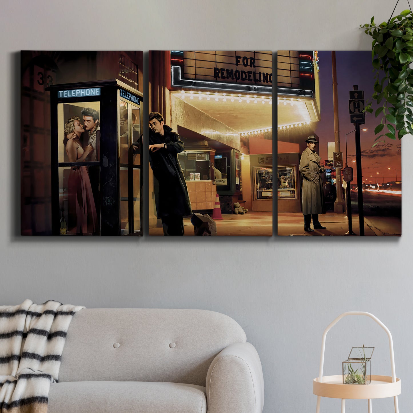 Three-panel canvas wall art featuring cinematic nighttime theater scene, displayed in a modern living room above a sofa.