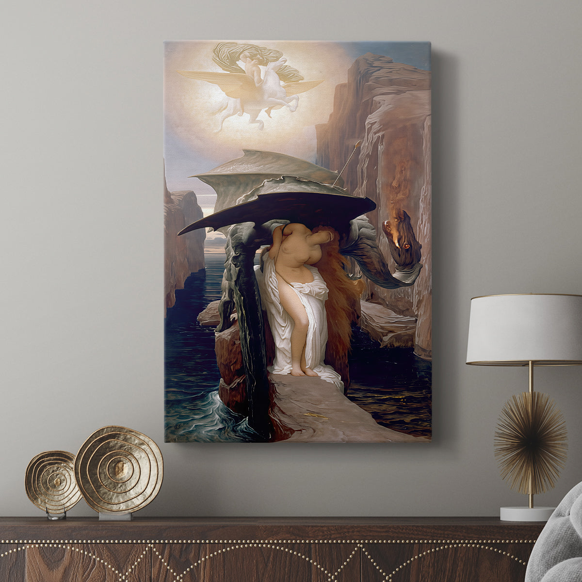 Canvas art print featuring a narrative composition with movement and tension displayed in a modern interior space.