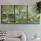 Three-panel canvas wall art featuring soft green water lilies, displayed in a modern living room above a sofa.