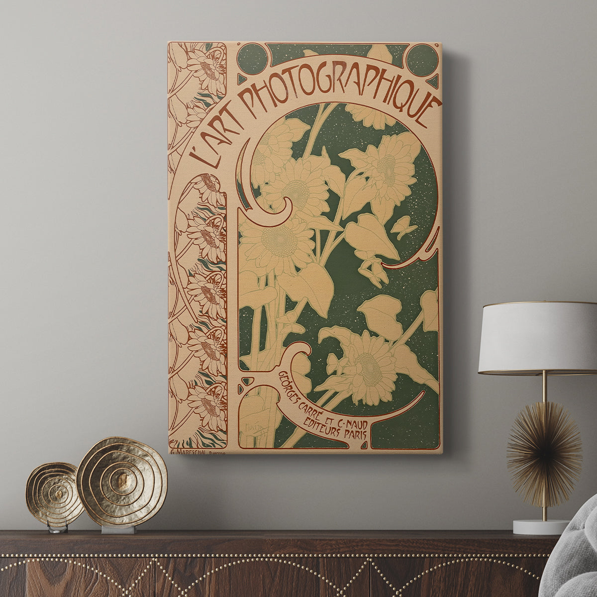 Canvas art print featuring a decorative poster with elegant lines and soft tones displayed in a modern interior space.