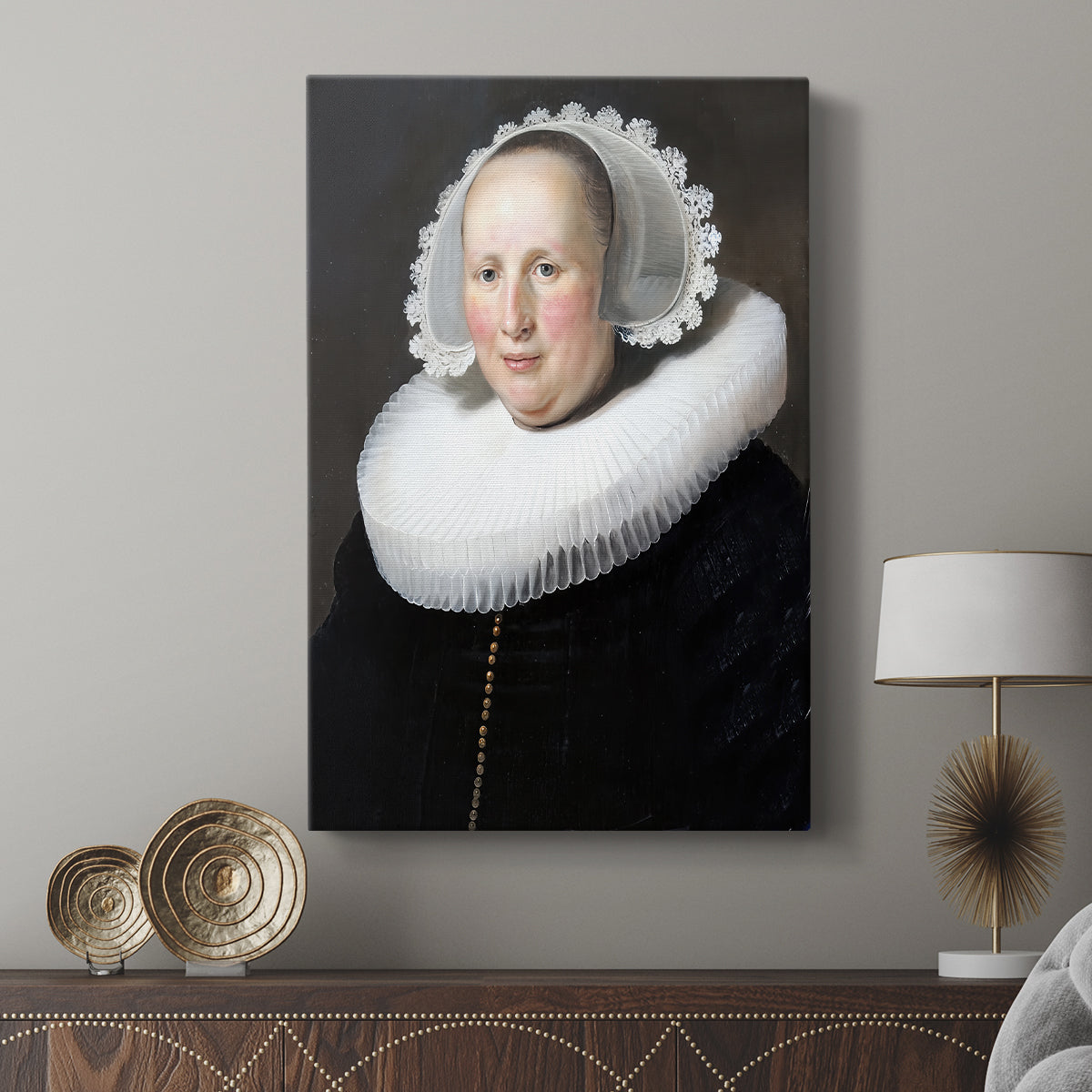 Canvas art print featuring a composed portrait with gentle tones and minimal background displayed in a modern interior space.