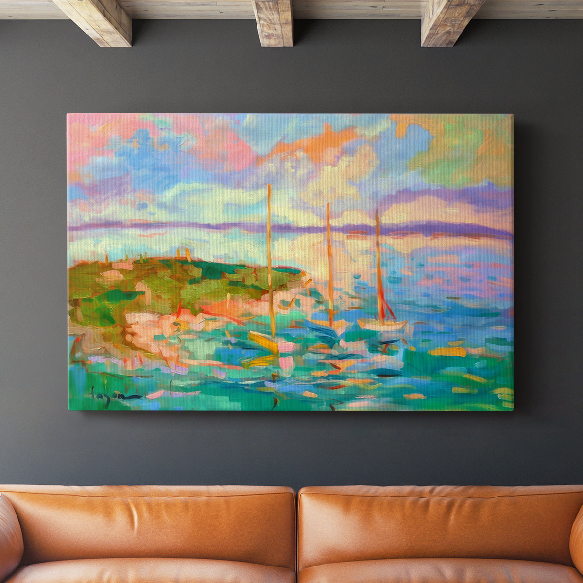 Colorful seascape with boats and vibrant skies over a coastal landscape in late afternoon light