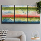 Three-panel canvas wall art featuring layered abstract color banding, displayed in a modern living room above a sofa.