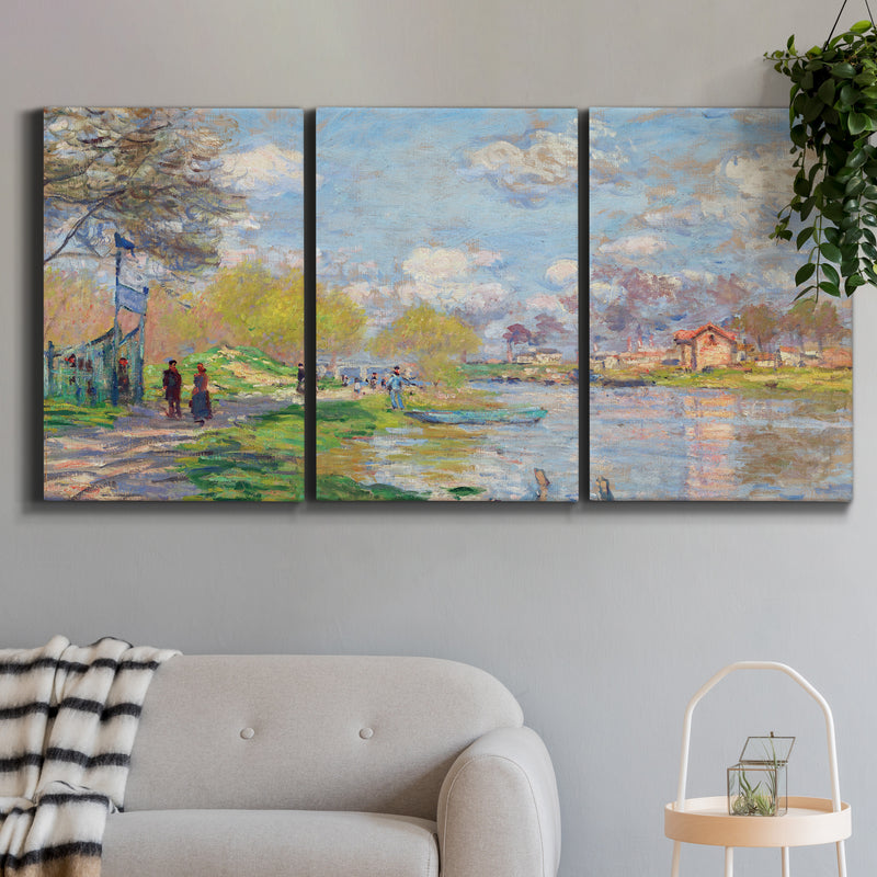Three-panel canvas wall art featuring formal city park with trees, displayed in a modern living room above a sofa.