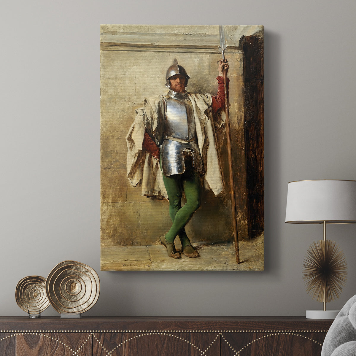 Canvas art print featuring a detailed study of a guard with muted tones displayed in a modern interior space.