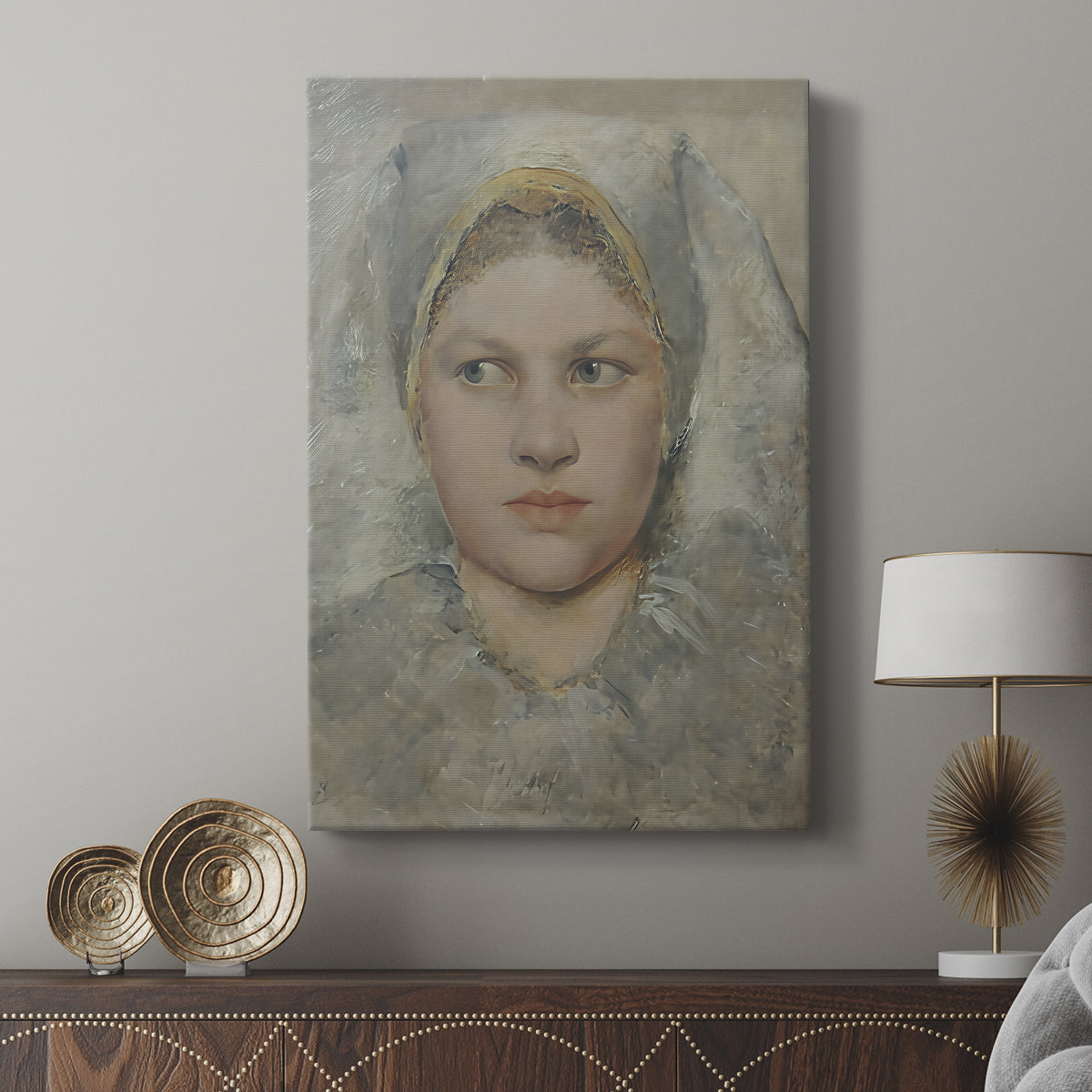 Canvas art print featuring a refined portrait with subtle color and smooth detail displayed in a modern interior space.