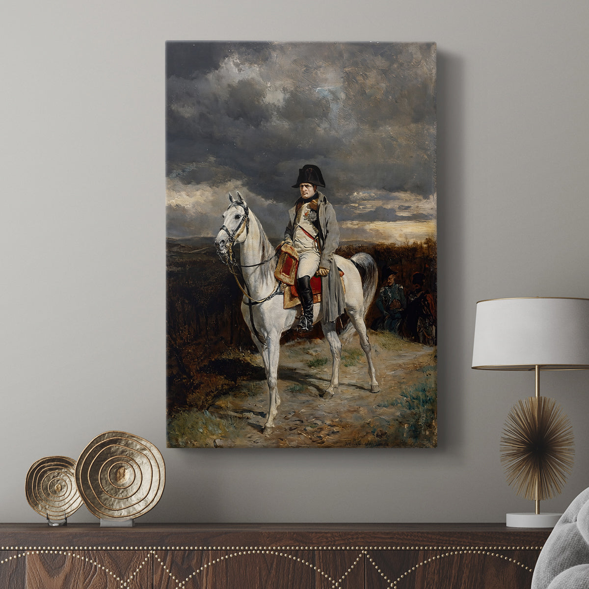 Canvas art print featuring a historical figure on horseback with restrained tones displayed in a modern interior space.