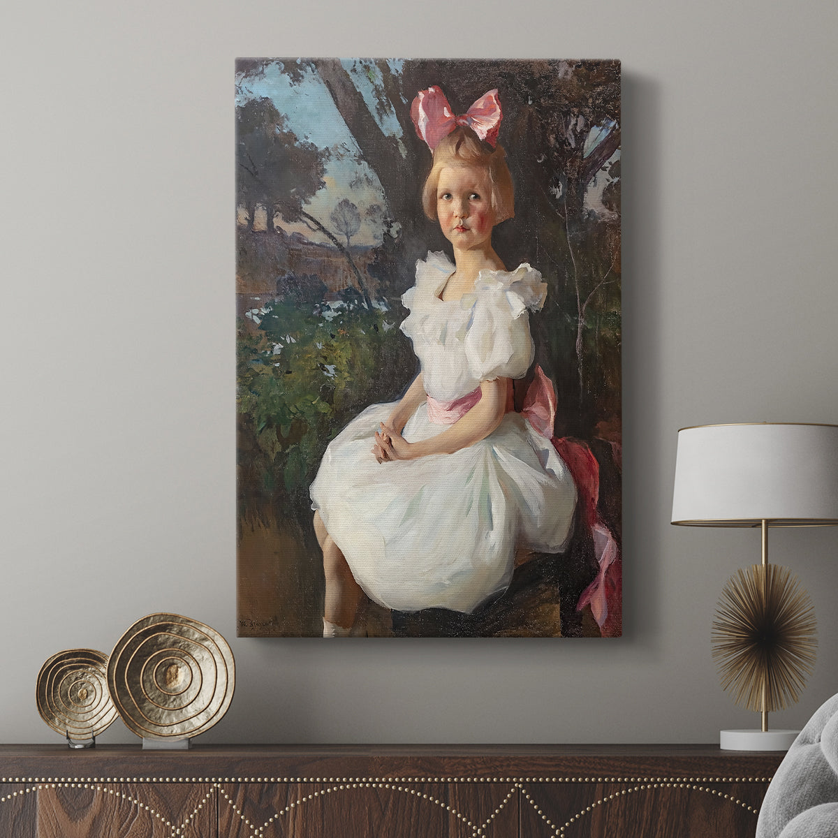 Canvas art print featuring a refined portrait with smooth shading and calm presence displayed in a modern interior space.