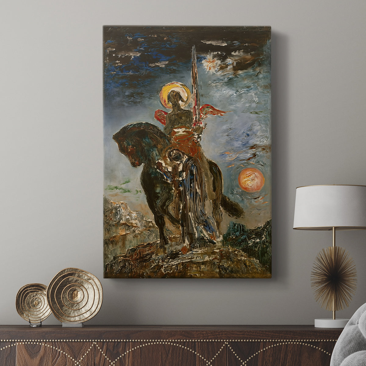 Canvas art print featuring a dramatic image with symbolic meaning and shadow displayed in a modern interior space.