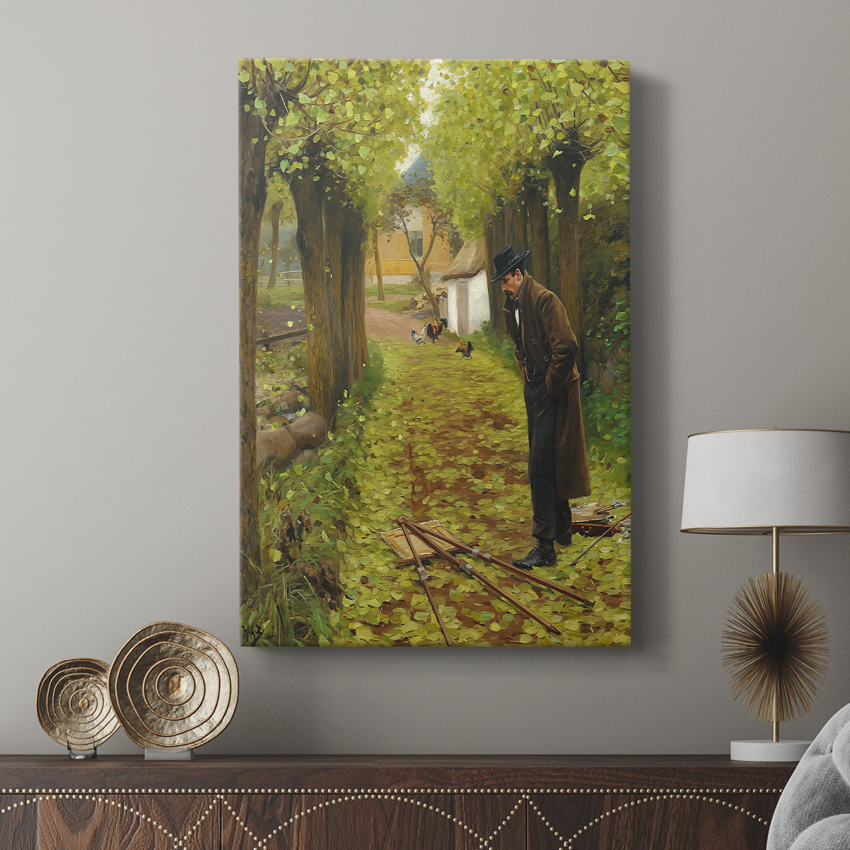 Canvas art print featuring a calm landscape with a solitary artist and soft light displayed in a modern interior space.