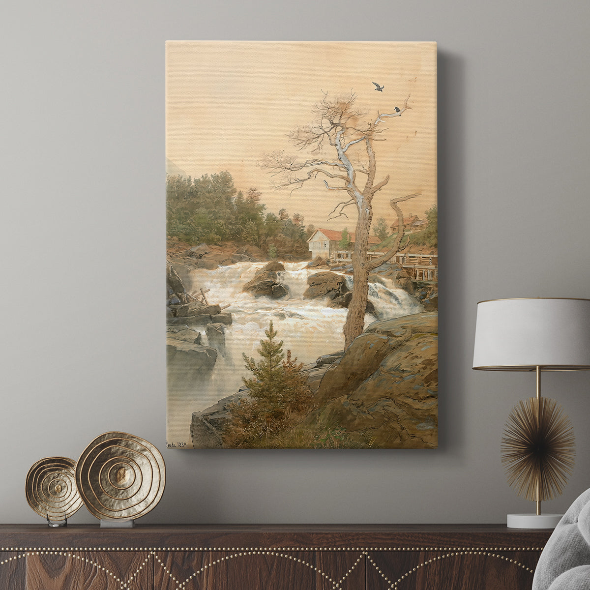 Canvas art print featuring a rugged landscape with cascading water and depth displayed in a modern interior space.