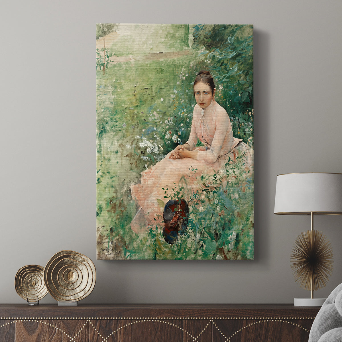 Canvas art print featuring a calm outdoor portrait with muted colors and relaxed pose displayed in a modern interior space.