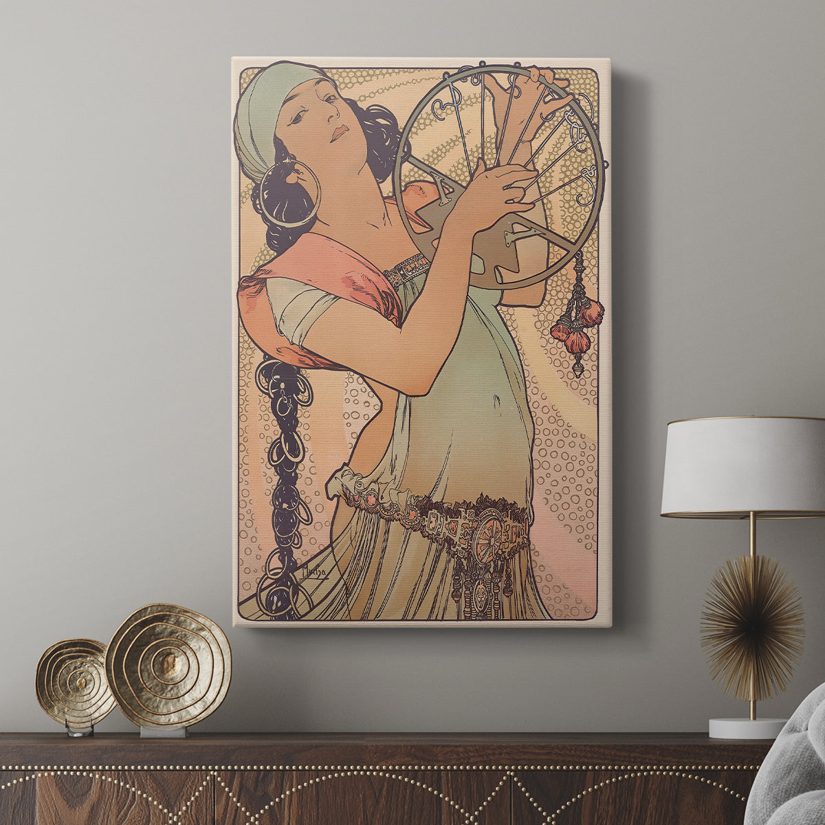 Canvas art print featuring a decorative portrait with soft pastel tones and elegant curves displayed in a modern interior space.