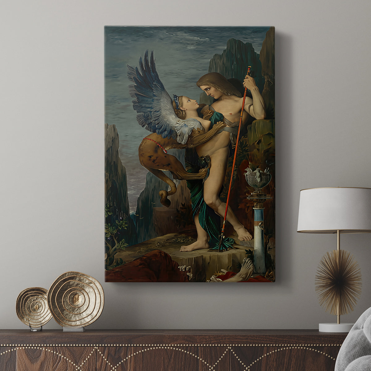 Canvas art print featuring a narrative scene with tension and detailed forms displayed in a modern interior space.