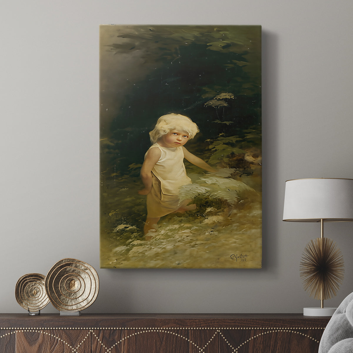 Canvas art print featuring a serene composition with nature and gentle tones displayed in a modern interior space.