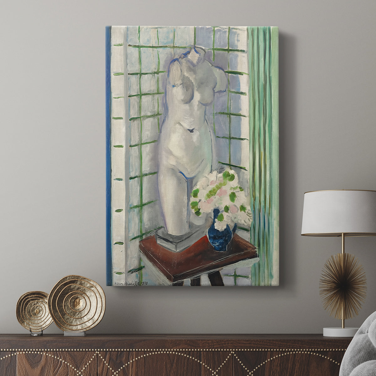 Canvas art print featuring a stylized arrangement with bold tones and mixed objects displayed in a modern interior space.