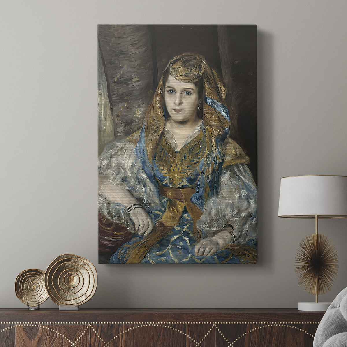 Canvas art print featuring a stylized portrait with exotic attire and soft brushwork displayed in a modern interior space.