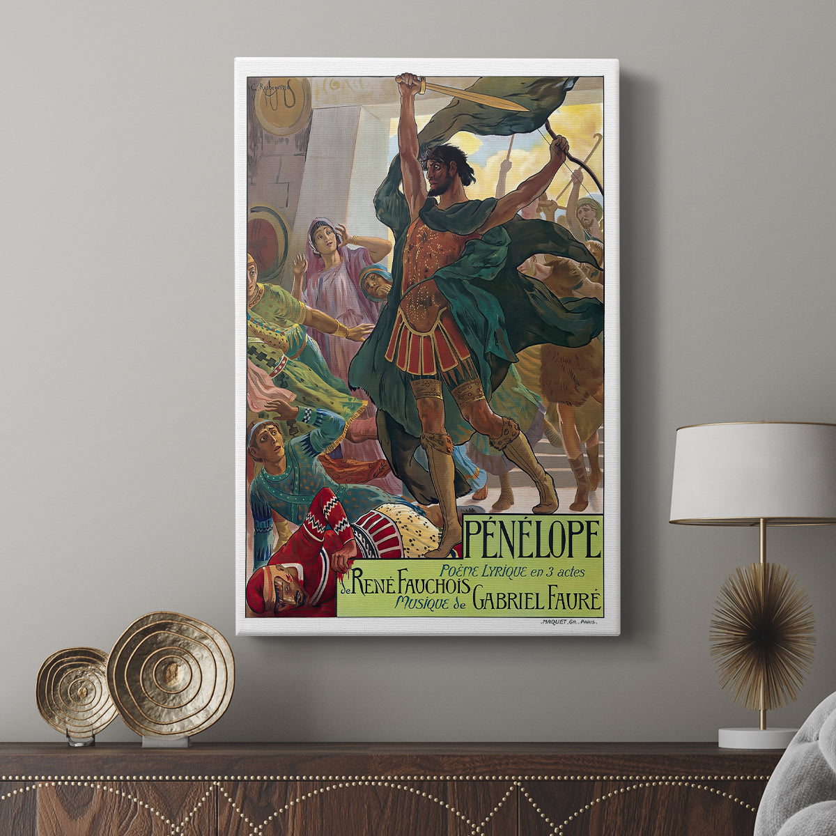 Canvas art print featuring a vintage poster with refined portrait and typography displayed in a modern interior space.
