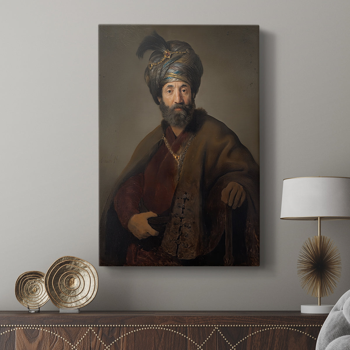 Canvas art print featuring a composed portrait with soft light and layered fabric displayed in a modern interior space.