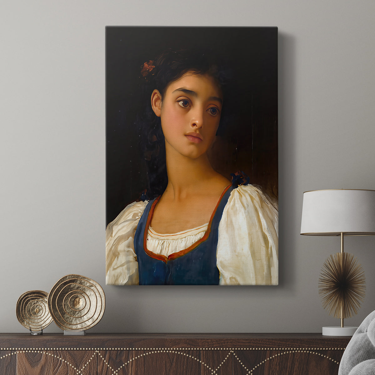 Canvas art print featuring a refined portrait with subtle tones and gentle gaze displayed in a modern interior space.