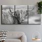 Three-panel canvas wall art featuring large highland cow portrait, displayed in a modern living room above a sofa.