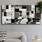 Three-panel canvas wall art featuring rectangular mid century geometric abstraction, displayed in a modern living room above a sofa.