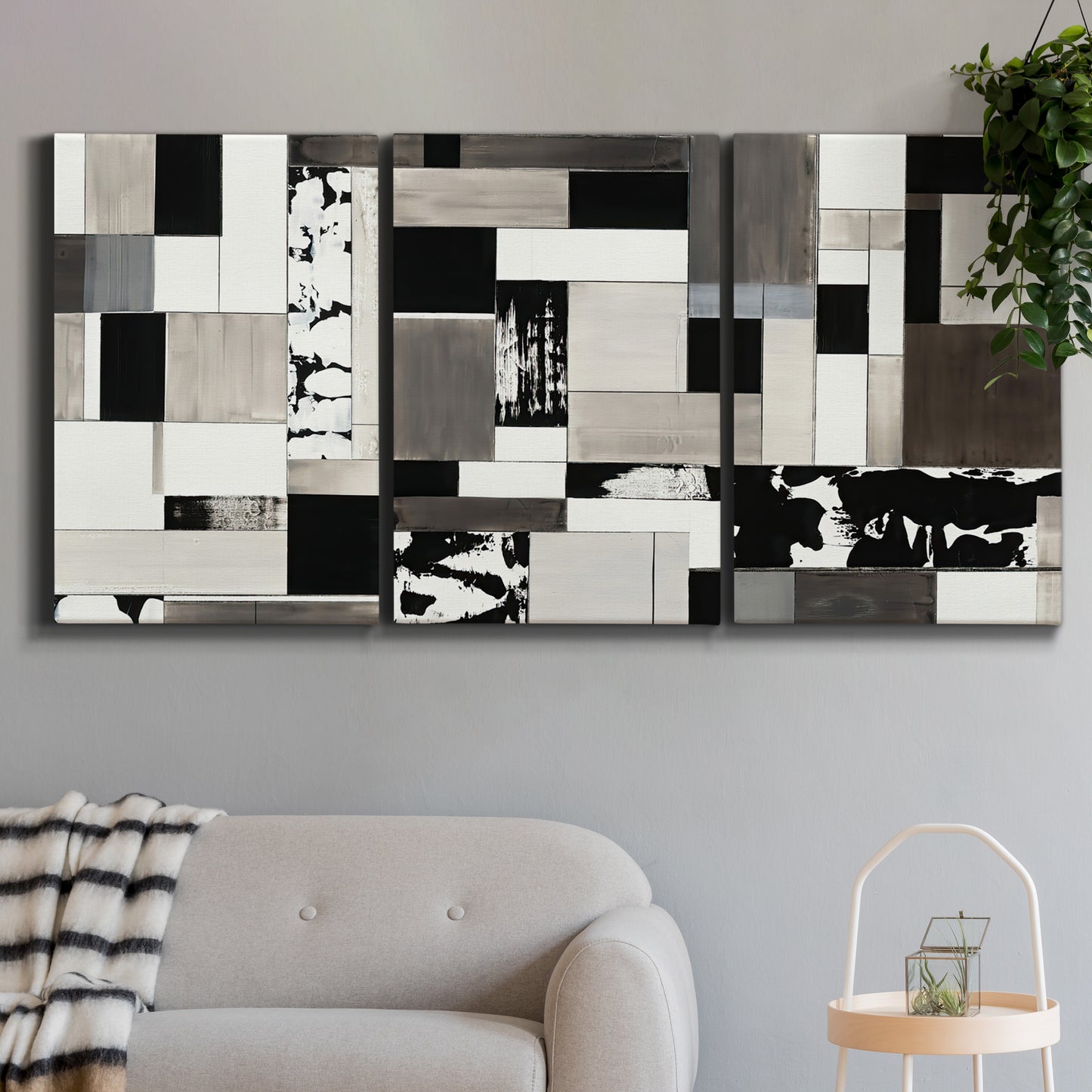Three-panel canvas wall art featuring rectangular mid century geometric abstraction, displayed in a modern living room above a sofa.