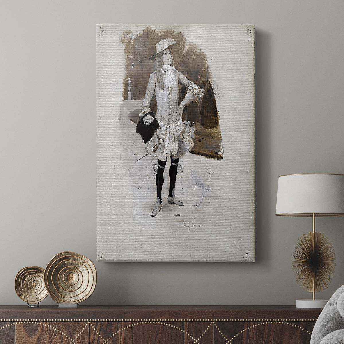 Canvas art print featuring a classic portrait with composed posture and minimal background displayed in a modern interior space.