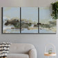 Three-panel canvas wall art featuring minimal abstract summer landscape, displayed in a modern living room above a sofa.