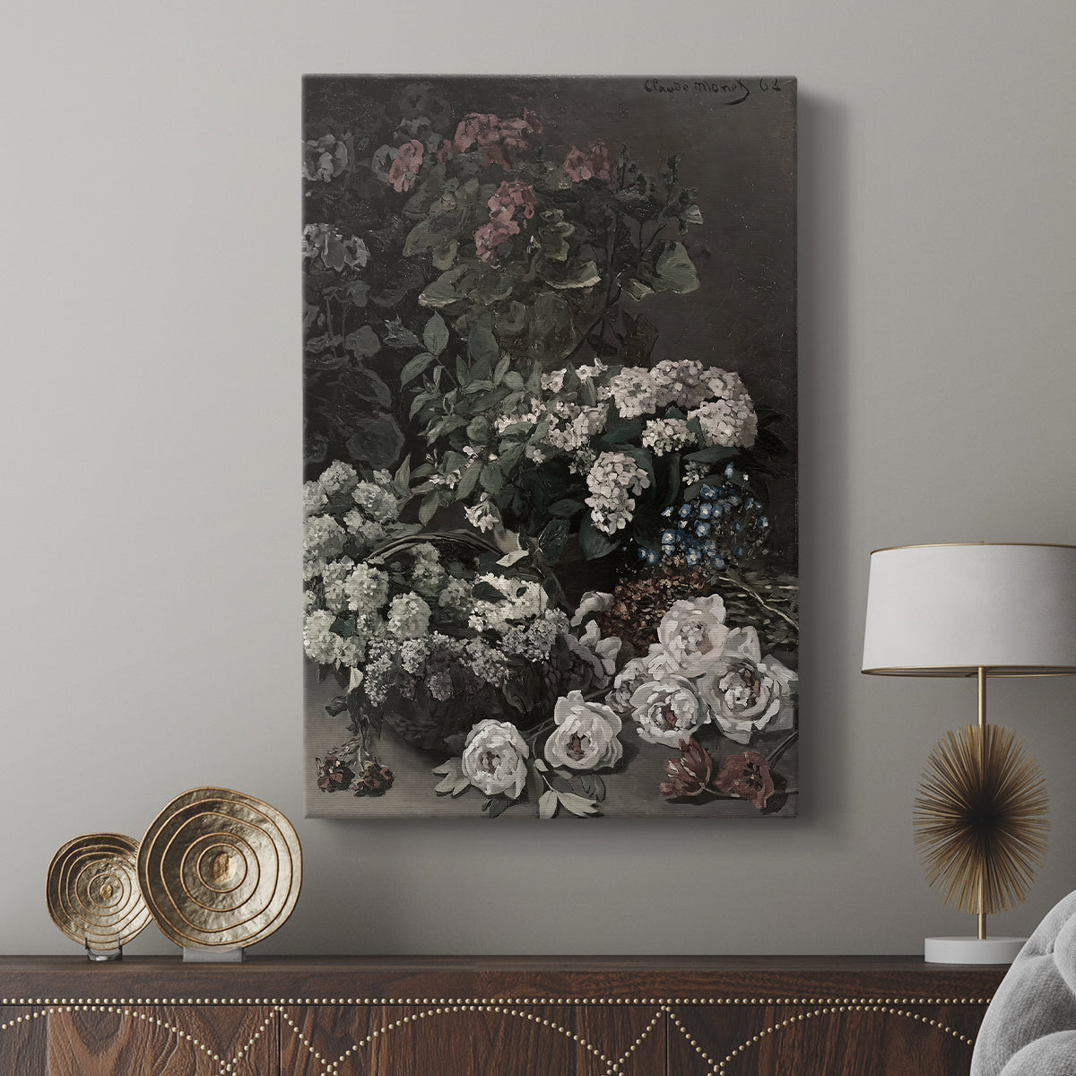 Canvas art print featuring a delicate arrangement with fresh seasonal blooms displayed in a modern interior space.