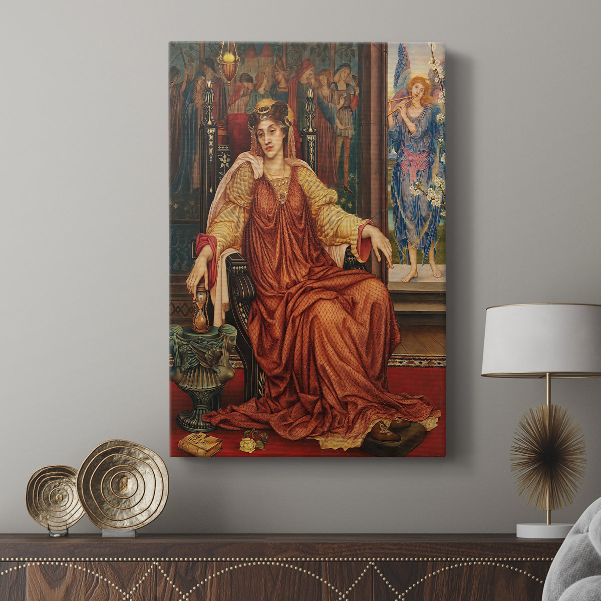 Canvas art print featuring a quiet allegorical scene with rich color and detail displayed in a modern interior space.
