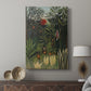 Canvas art print featuring an exotic landscape with birds and monkeys in thick vegetation displayed in a modern interior space.