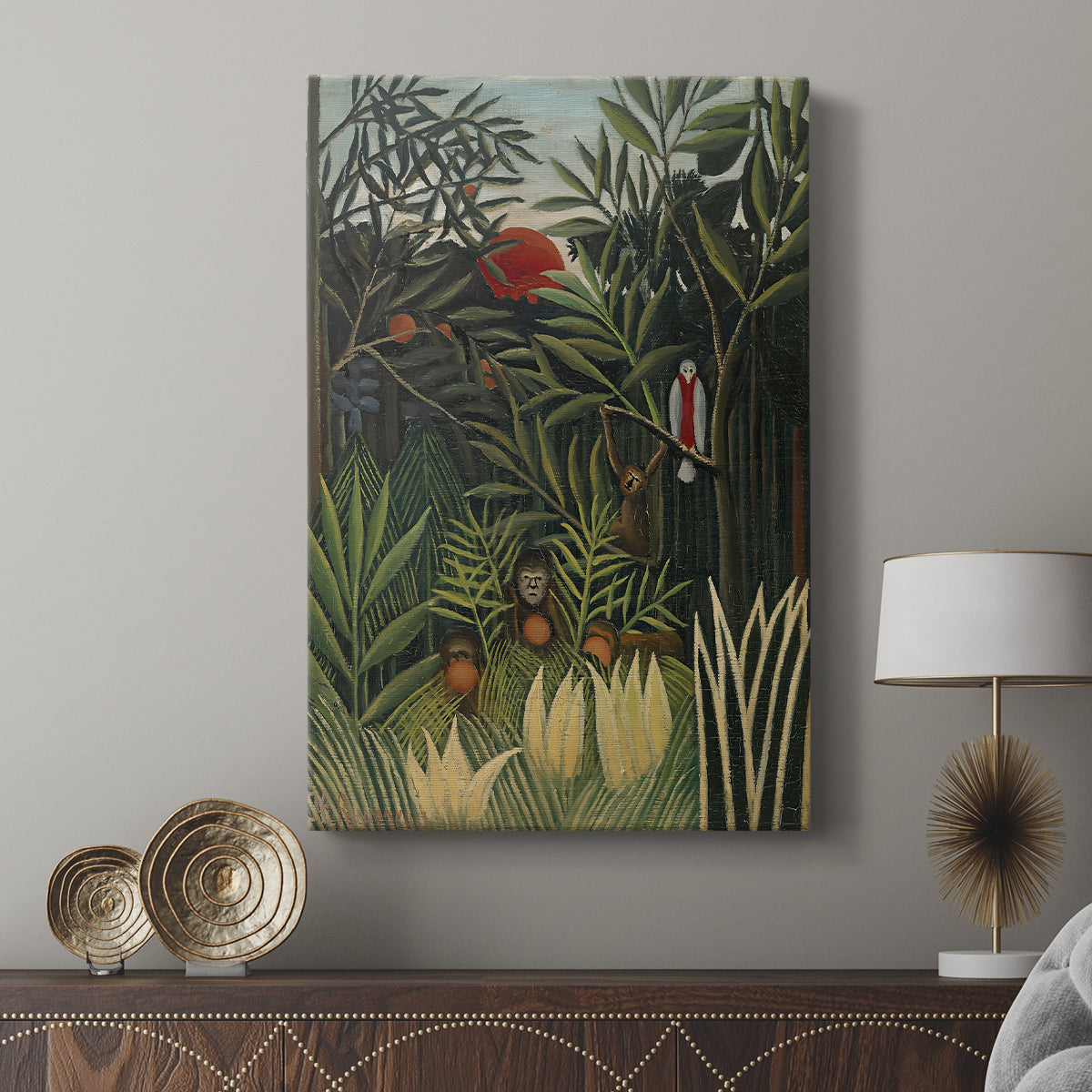 Canvas art print featuring an exotic landscape with birds and monkeys in thick vegetation displayed in a modern interior space.