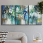 Three-panel canvas wall art featuring joyful abstract color harmony, displayed in a modern living room above a sofa.