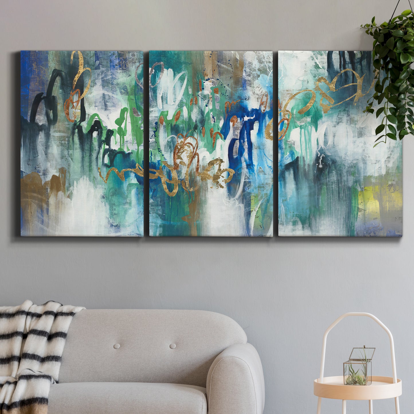 Three-panel canvas wall art featuring joyful abstract color harmony, displayed in a modern living room above a sofa.
