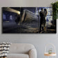 Three-panel canvas wall art featuring couple kissing at train station, displayed in a modern living room above a sofa.