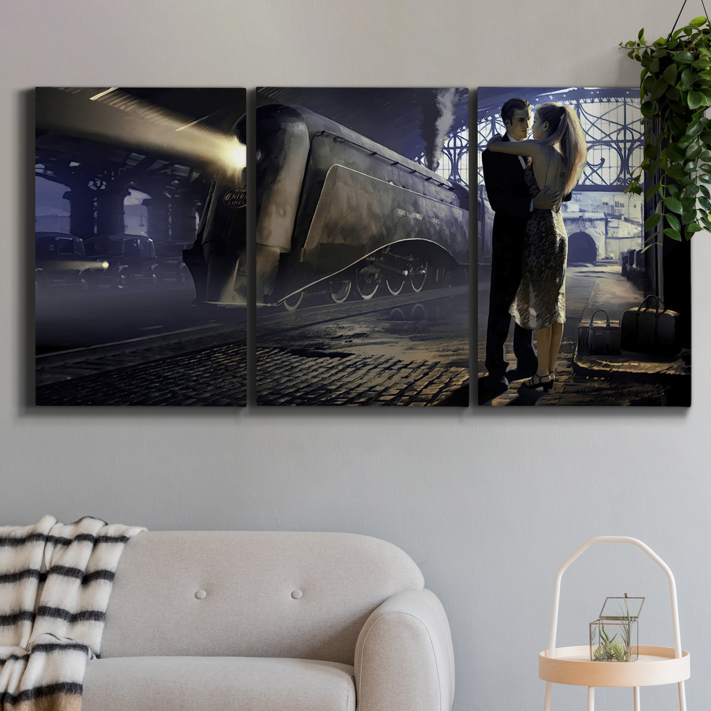 Three-panel canvas wall art featuring couple kissing at train station, displayed in a modern living room above a sofa.