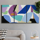 Three-panel canvas wall art featuring colorful abstract homage to modernism, displayed in a modern living room above a sofa.