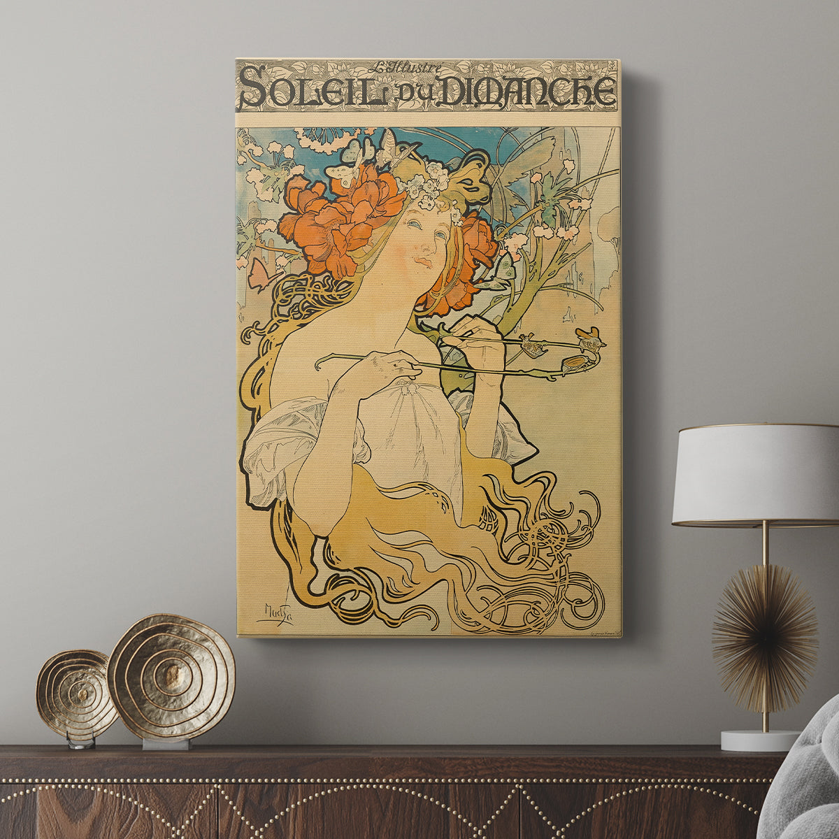 Canvas art print featuring a decorative print with flowing lines and elegant composition displayed in a modern interior space.