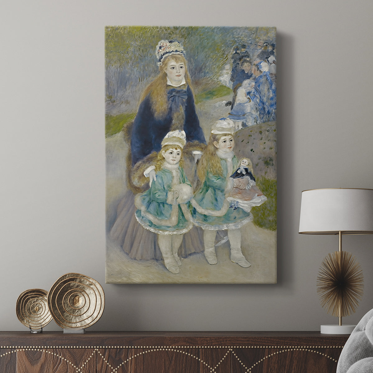 Canvas art print featuring a gentle outdoor scene with figures in a park-like setting displayed in a modern interior space.