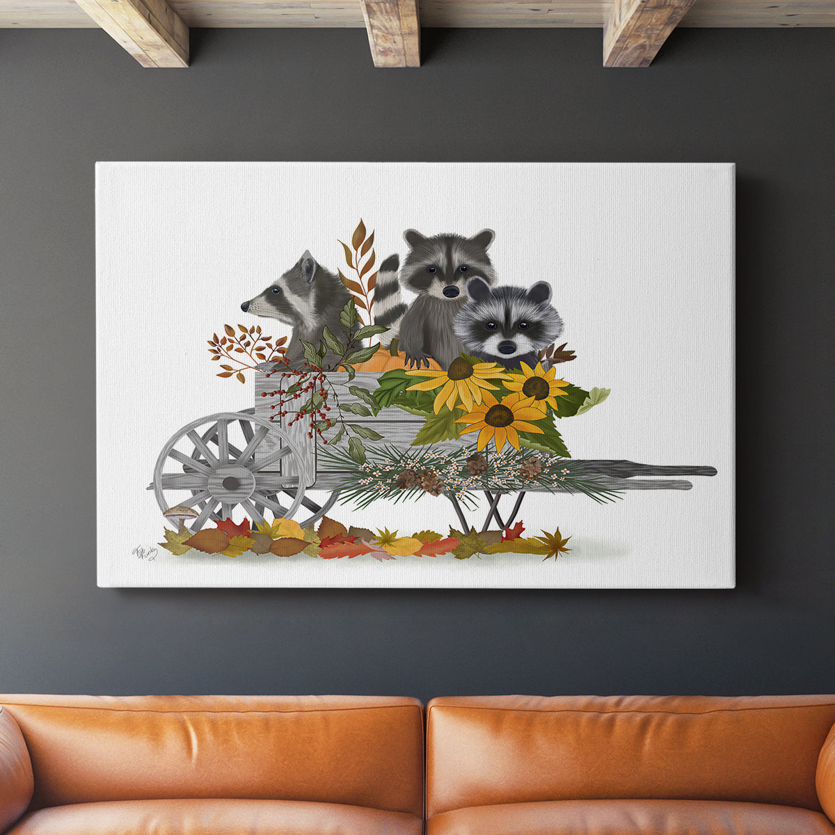 Raccoon Wheelbarrow - Canvas Art Print